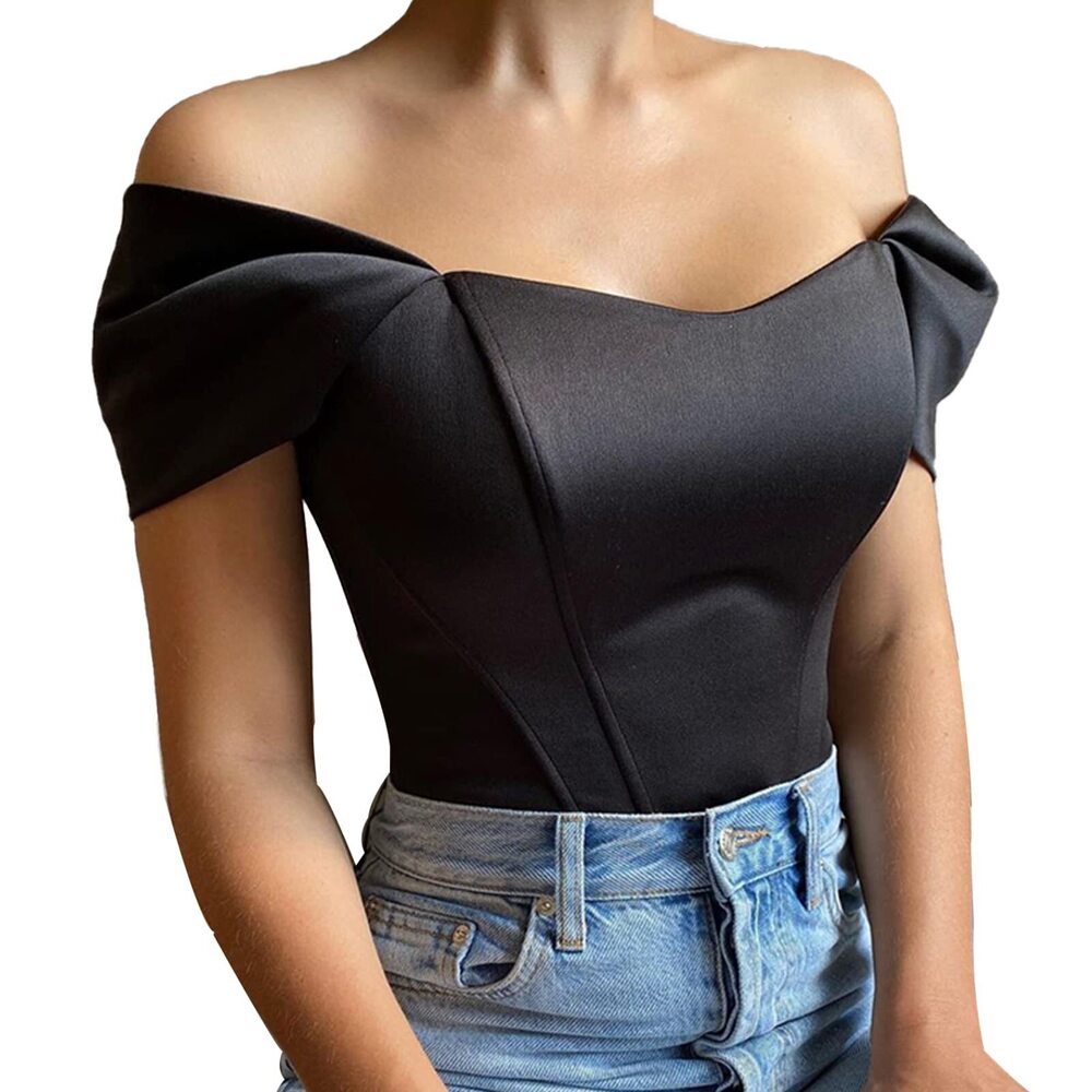 9494 Sexy Sweetheart Crop Top Off Shoulder Corset Mesh Sleeve Patchwork